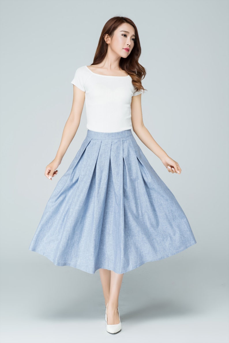 A Line pleated Midi skirt in blue Linen skirt pockets | Etsy