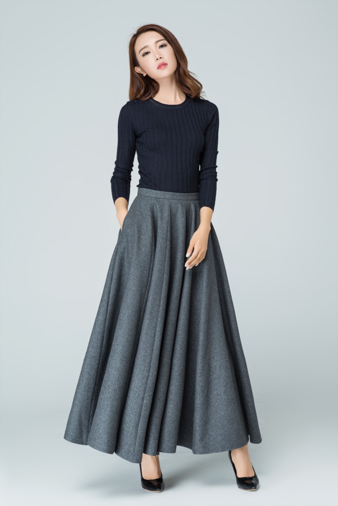 Maxi Skirt, Pleated Skirt, Winter Skirt, Full Skirt, Wool Skirt, Dark ...