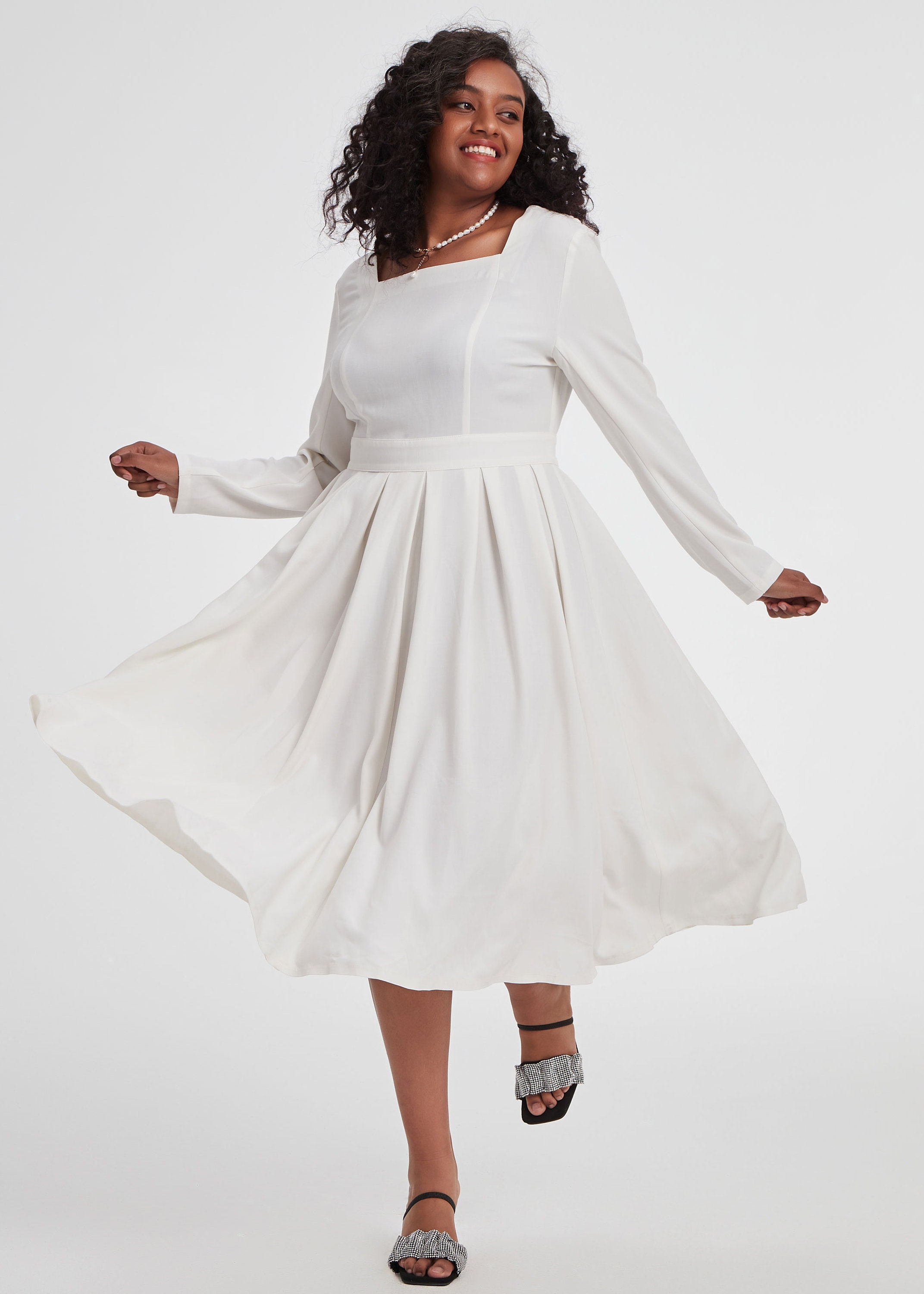 Square Neck Linen Swing Dress, Gray Pleated Linen Midi Dress