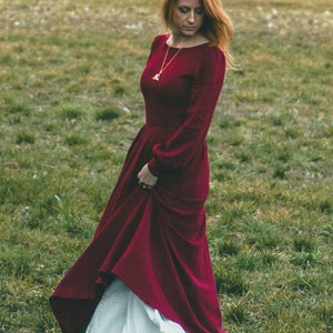 Women Linen maxi dress, Burgundy linen dress, Vintage inspired dress, Long sleeve linen dress, Spring dress, Gothic dress, Xiaolizi 5105 image 3