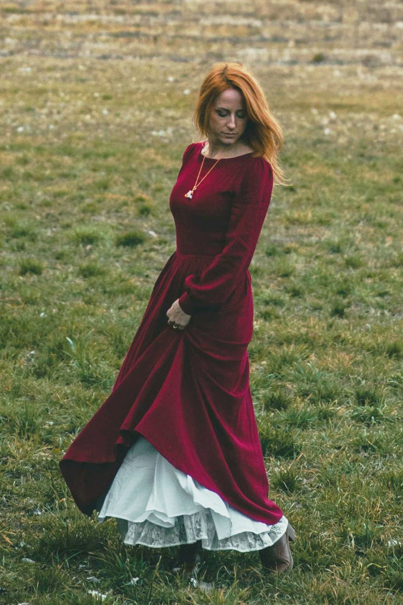 Women Linen maxi dress, Burgundy linen dress, Vintage inspired dress, Long sleeve linen dress, Spring dress, Gothic dress, Xiaolizi 5105 image 3