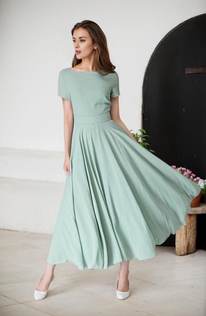 mint green chiffon dress Mint Green A Line Long Sleeve Chiffon Prom Dress With Slit US10 / As the picture main image 1