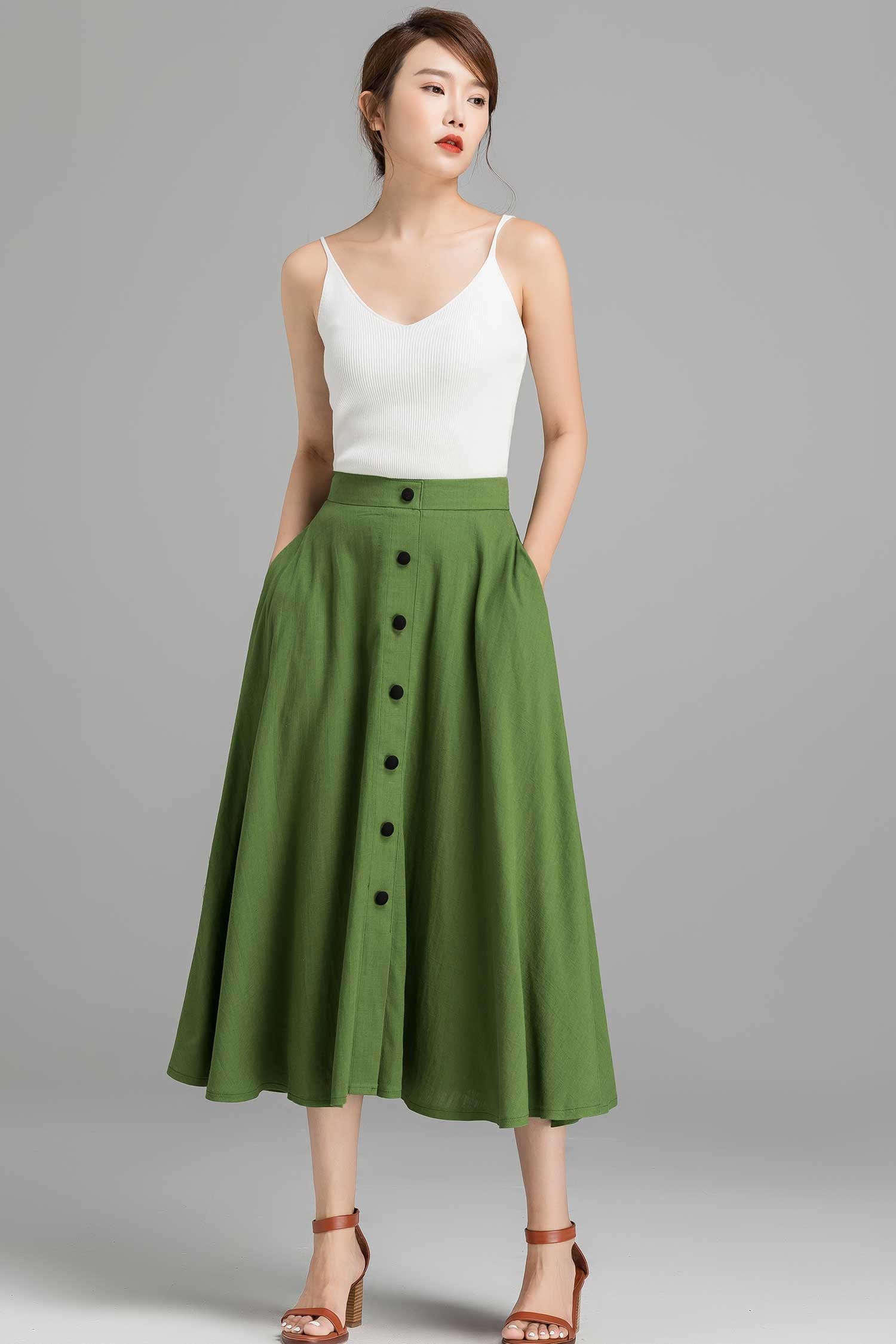 High waisted Button-Down Midi skirt A Line swing skirt Linen | Etsy