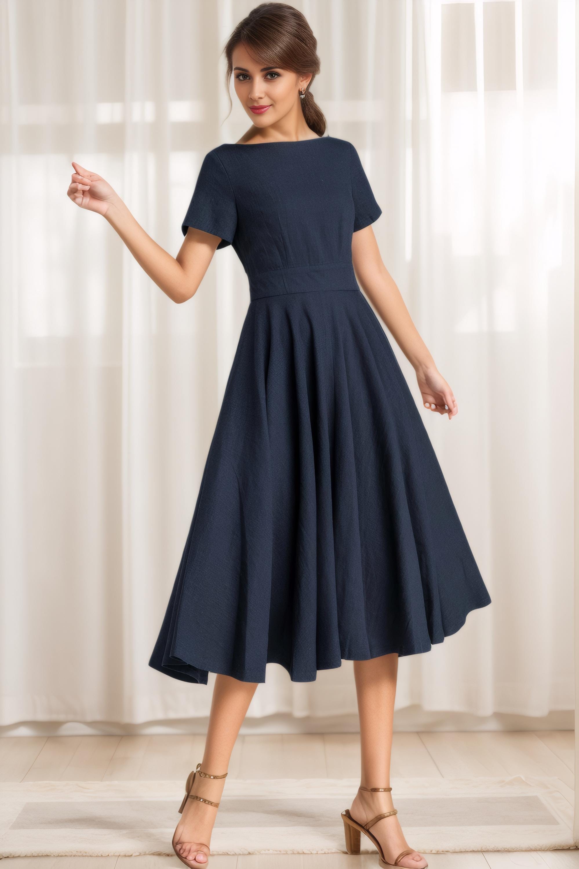 Marineblauwe jurk, linnen jurk, fit & flare midi-jurk, casual jurk met zakken, damesjurk, zomerjurk, jurk met korte mouw deels 5814#