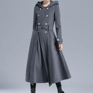 Women Military Winter Wool Coat With Hood, Long Wool Trench Coat, Grey ...