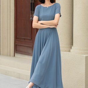 Summer office dress, Blue Chiffon Dress, Midi chiffon dress, Womens Swing Chiffon dress, fit and flare dress, Custom dress, XiaoLizi 5192 image 5