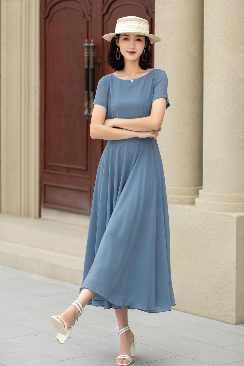 Summer office dress, Blue Chiffon Dress, Midi chiffon dress, Womens Swing Chiffon dress, fit and flare dress, Custom dress, XiaoLizi 5192 image 5