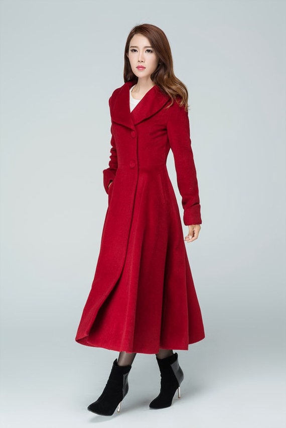 long wool coat winter coat fitted coat Princess coat Red wool coat red coat women coat handmade coat 1601# lapel coat pleated coat