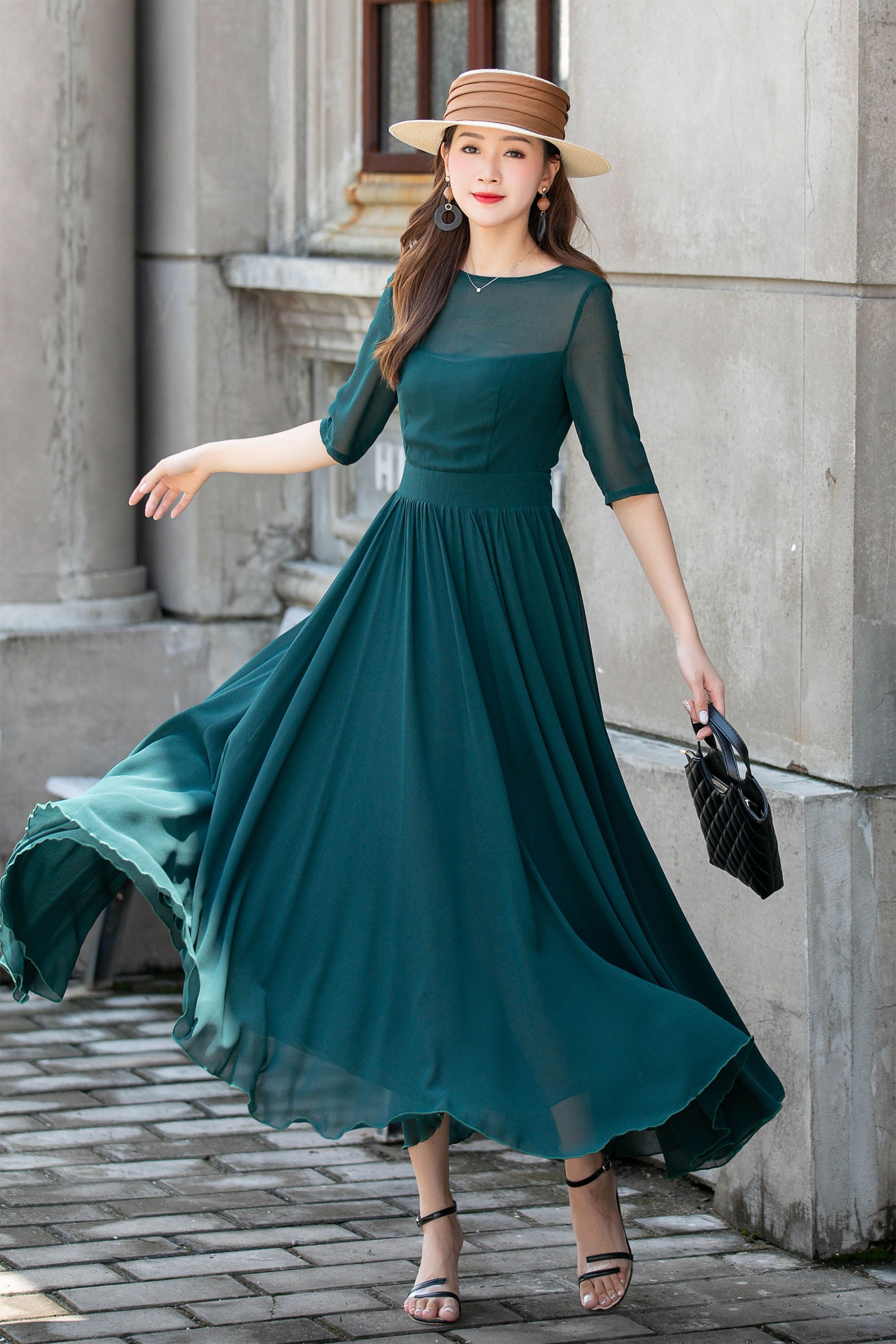 bluish green dress Dark Green Stretch Satin Long Dress With Beaded Lace Appliqu And Open