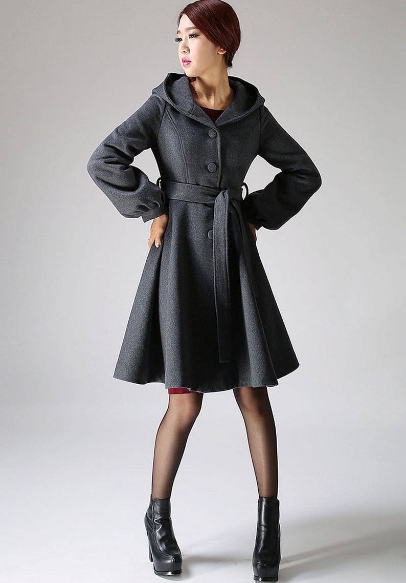 Long sleeve Hooded swing coat, winter wool coat, hooded wool coat, gray coat, A-Line Shape coat, midi length coat with lantern sleeves 1073 Dark gray-1073-10#6