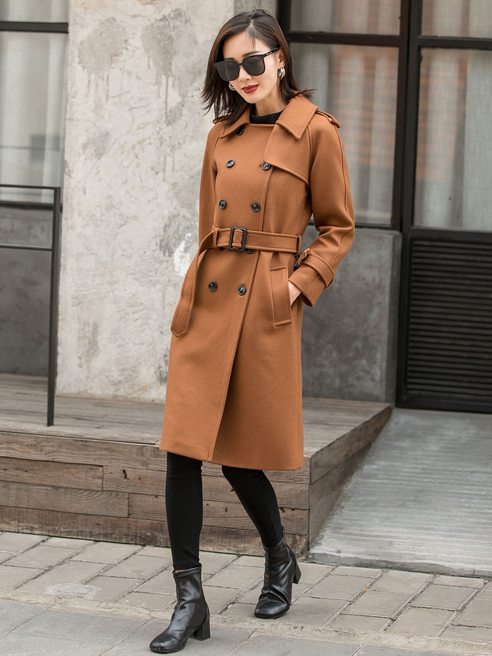 Double-breasted Camel Wool Coat, Wool Military Coat Women