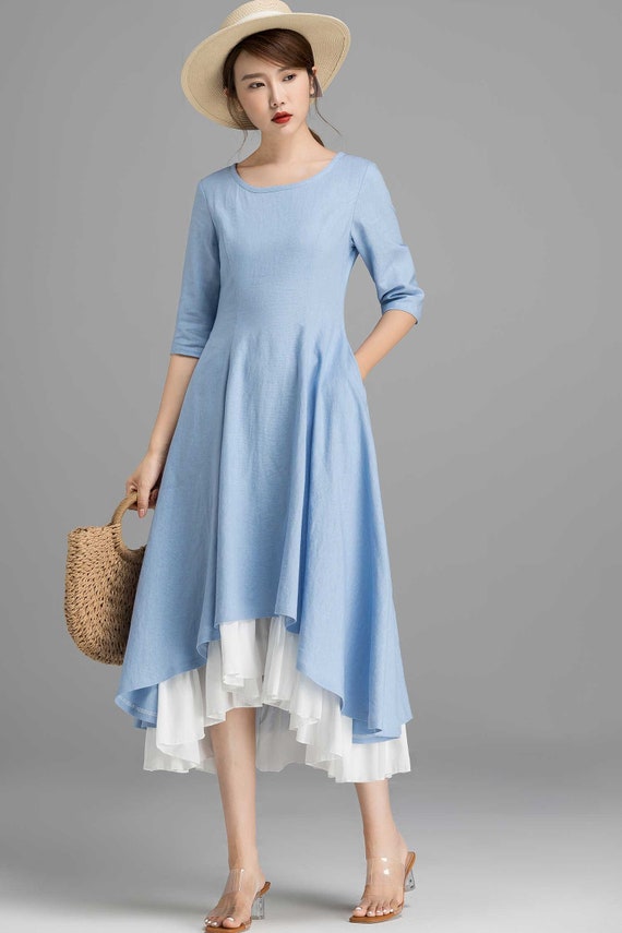 Linen Dress High Low Midi Dress Blue Dress Womens Dresses