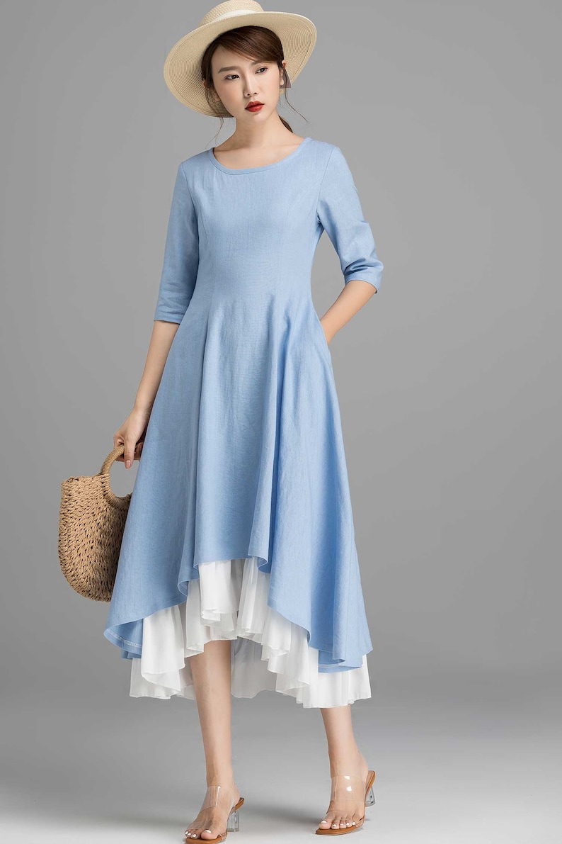 Linen dress, High Low Midi dress, Blue dress, Womens dresses, Swing dress with pockets, A Line party dress, Casual dress, House dress 2360 image 2