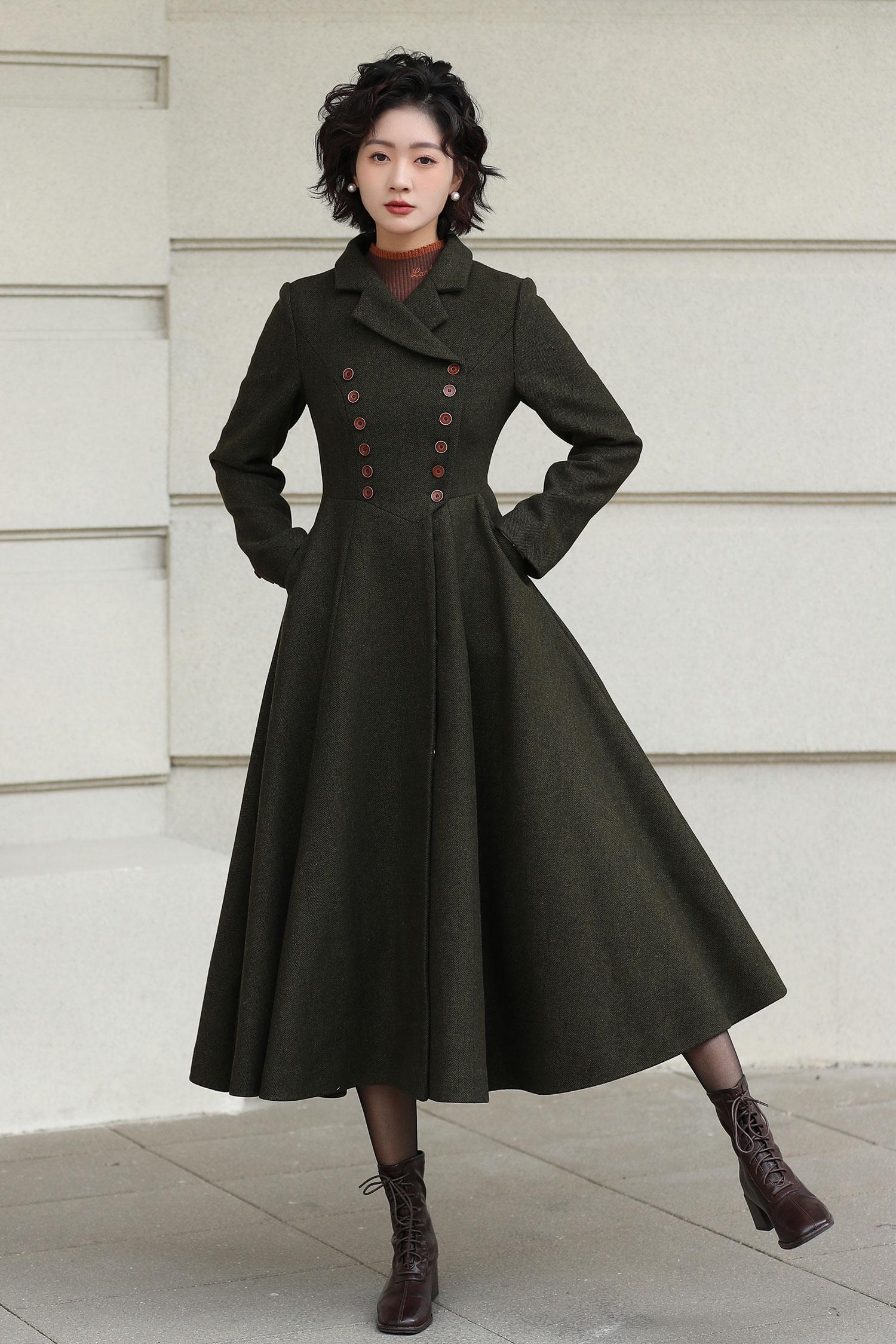 Olive Green Wool Blend Midi Coat: Double Breasted A-line Swing