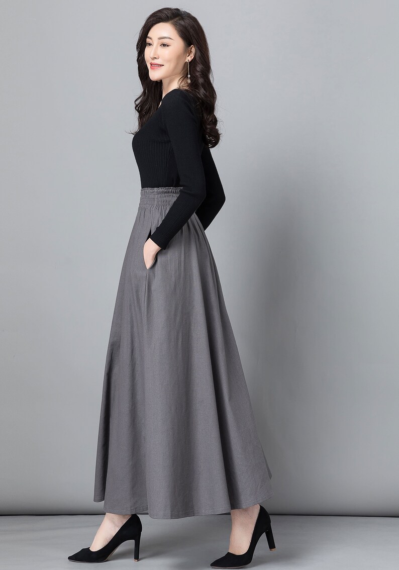 High Waist Long Pleated Swing Skirt With Pockets Gray Skirt - Etsy