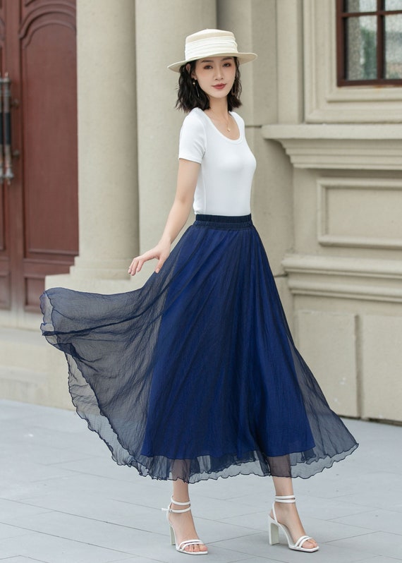 【BAON】Theen Check Chiffon Long Skirt Blue Long Chiffon Maxi Skirt Women, Swing Full Circle Skirt