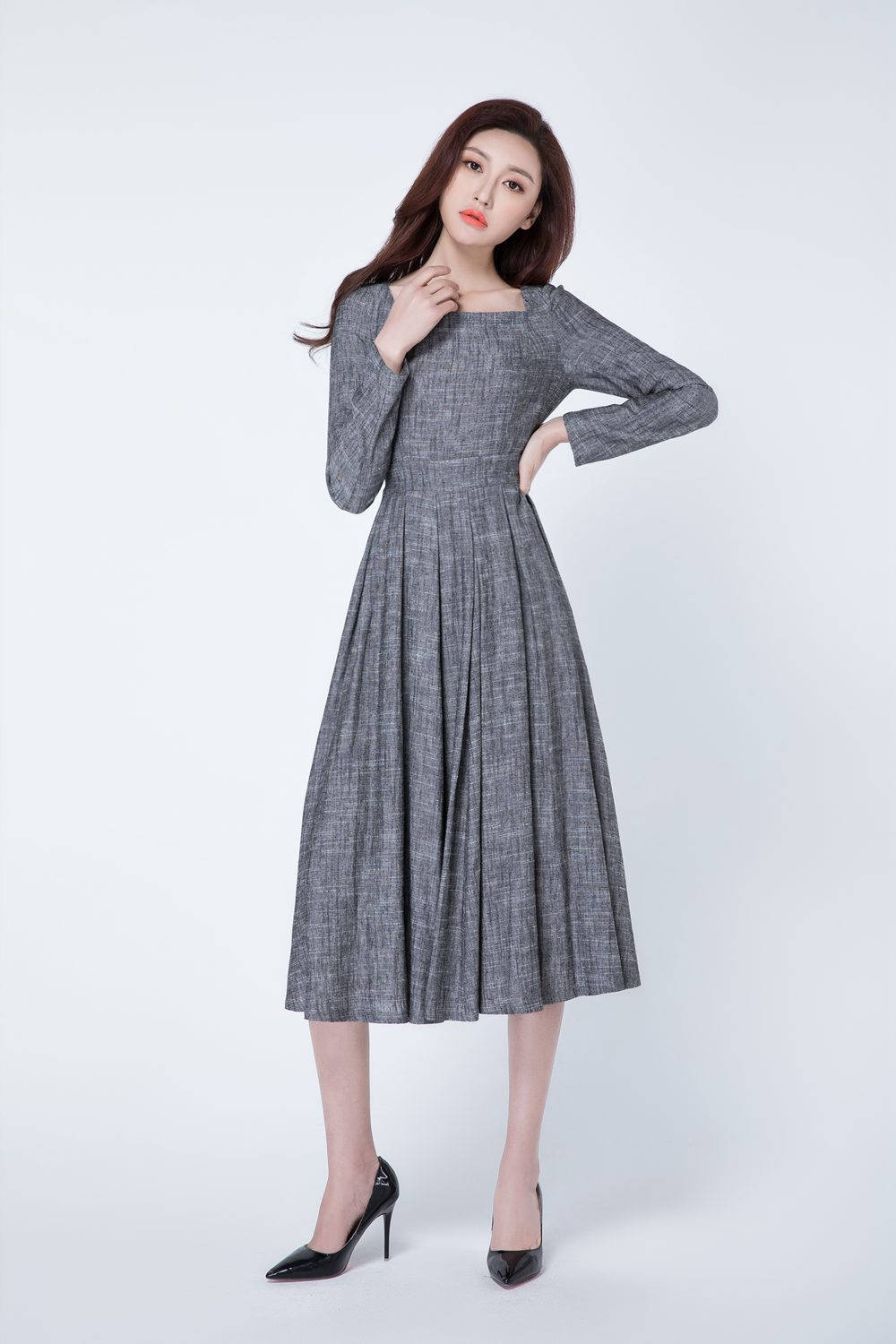 ワンピース laubeblanc flare pleats dress SilverGray 2way Flare Knit dress – L'AUBE BLANC