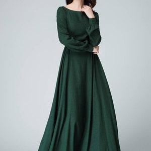 Women's Vintage Inspired Long Sleeve Medieval Maxi Dress, Green Long Linen Dress, Modest Linen dress, Spring Autumn Dress, Xiaolizi 1454 image 6