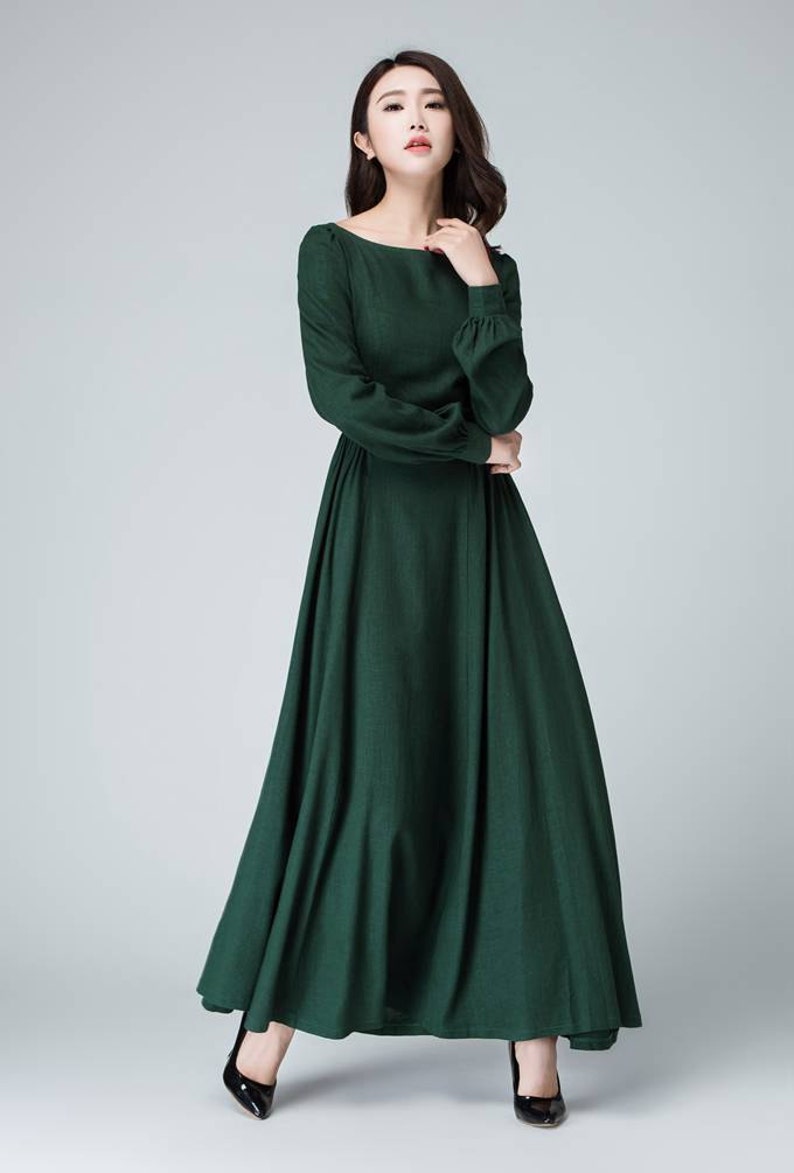 Women's Vintage Inspired Long Sleeve Medieval Maxi Dress, Green Long Linen Dress, Modest Linen dress, Spring Autumn Dress, Xiaolizi 1454 image 6