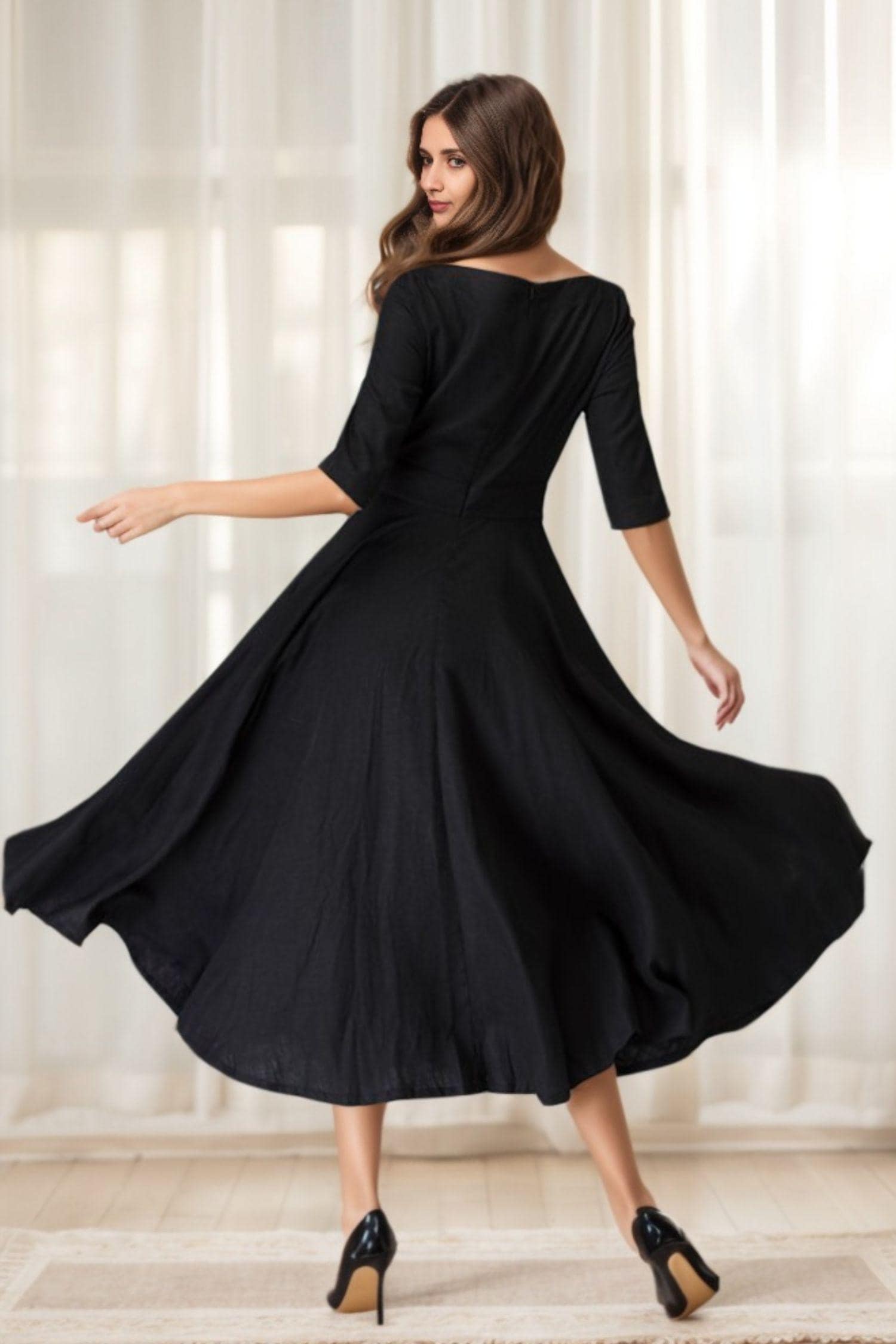 Abito Elegante Midi A Maniche Lunghe Con Dettaglio In Pizzo Trasparente Avignon Bordeaux - Foto 11