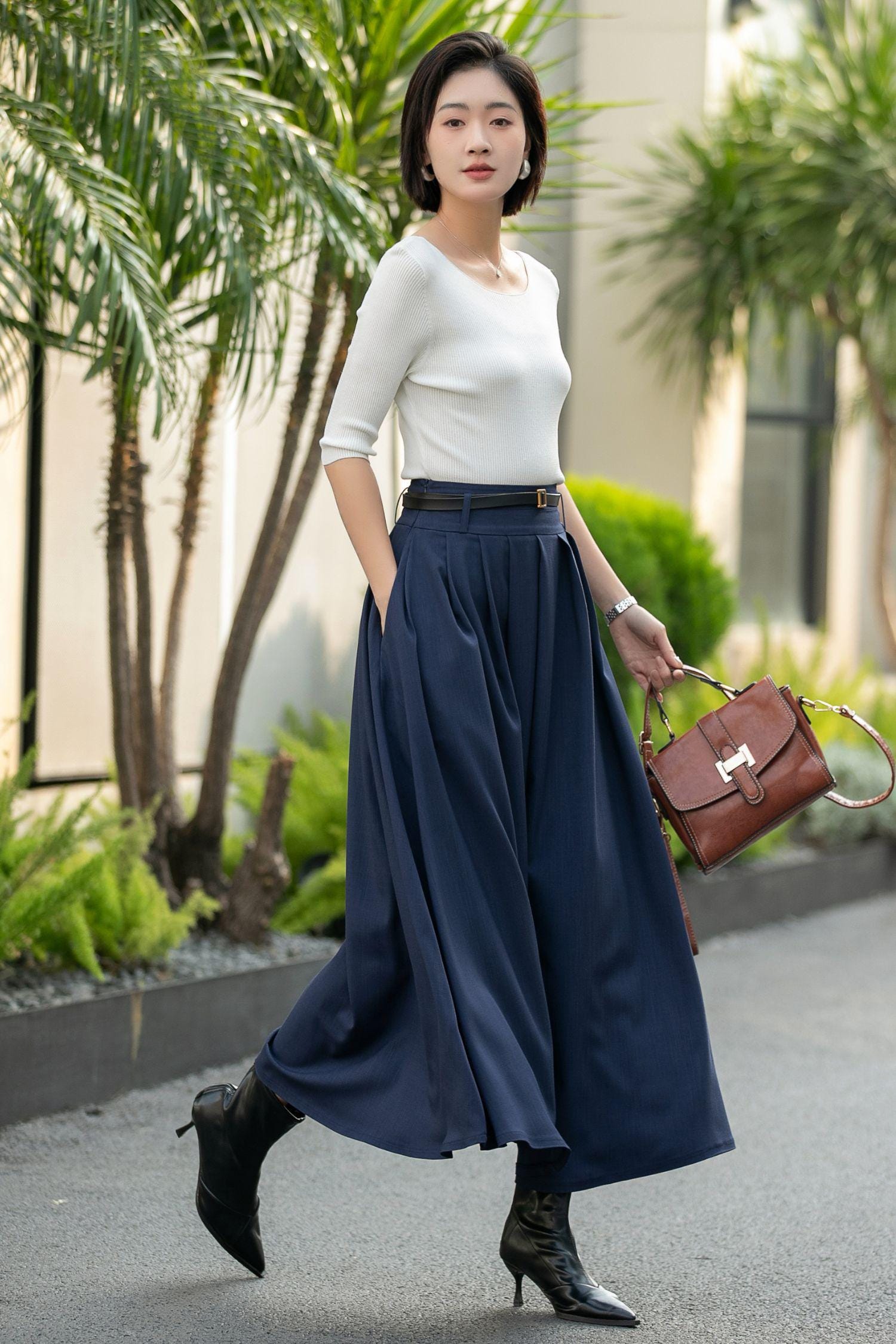Navy Blue Pleated Maxi Skirt - High Waist A-line Swing, Pockets