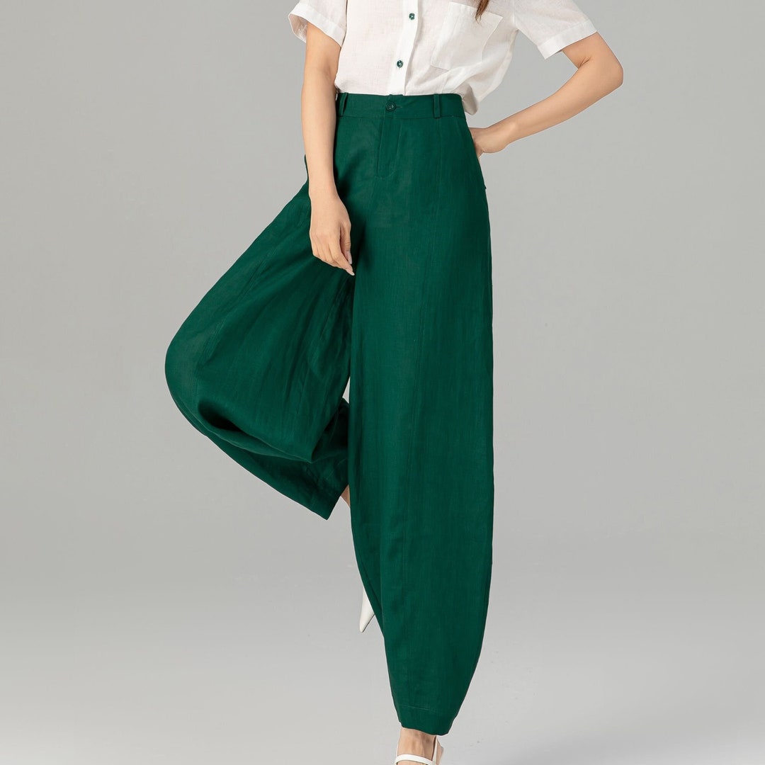 GREEN COTTON-LINEN PANTS