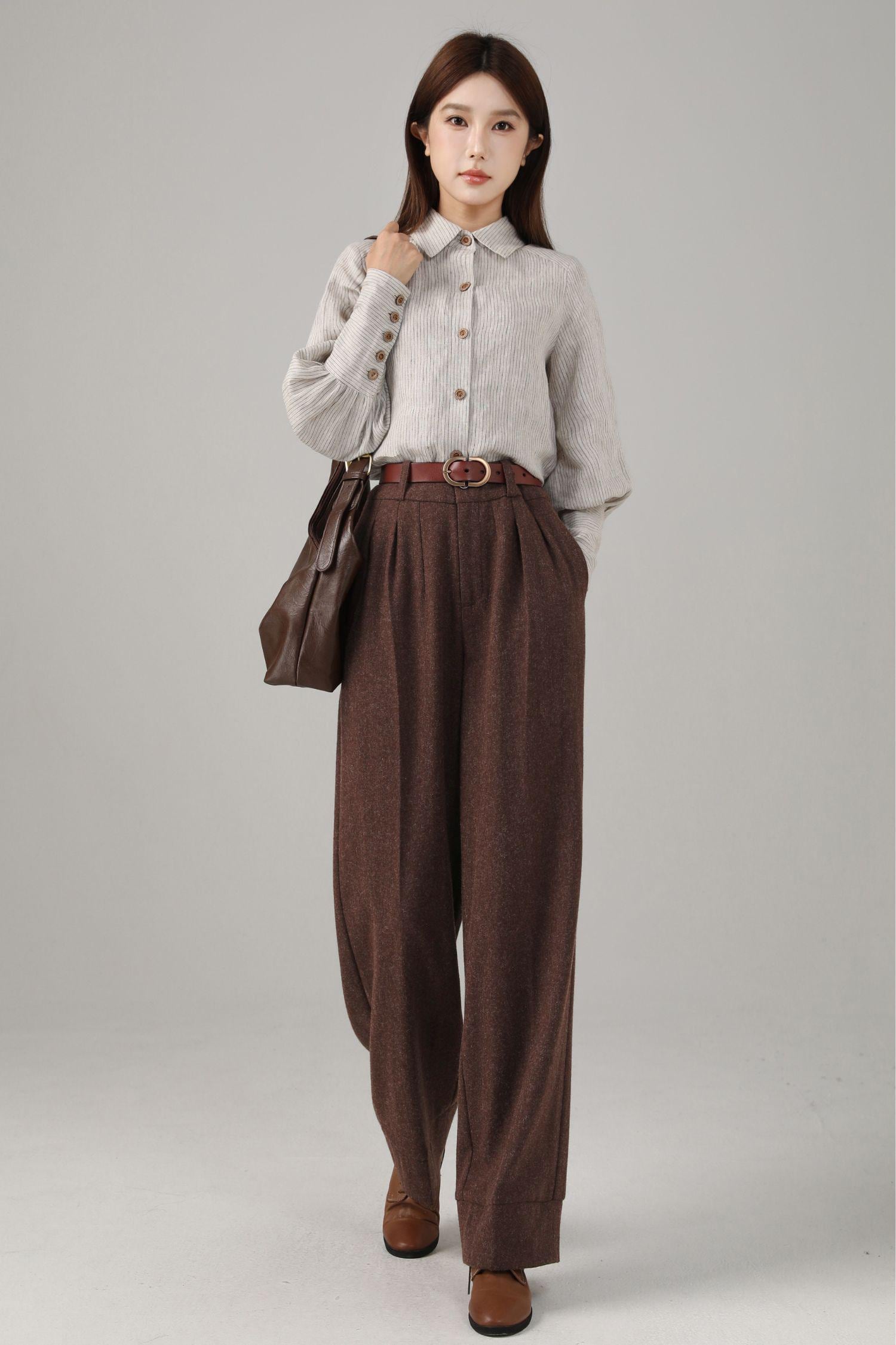 Brown Wool Blend Wide Leg Pants: High Waist Long Trousers, Custom