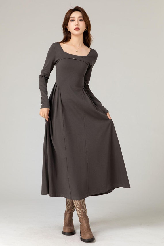 Charcoal Gray Knit Dress, Waistless A-line Knit Dress, Long