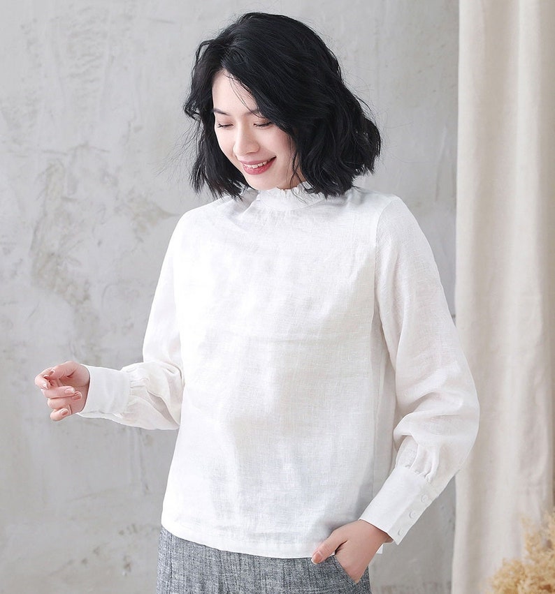 Women's white Linen Blouse, Plus Size Blouse, Minimalist Blouse, Long Sleeve Linen Blouse, Spring Summer Blouse, Custom Tops, Xiaolizi 3344 1-white