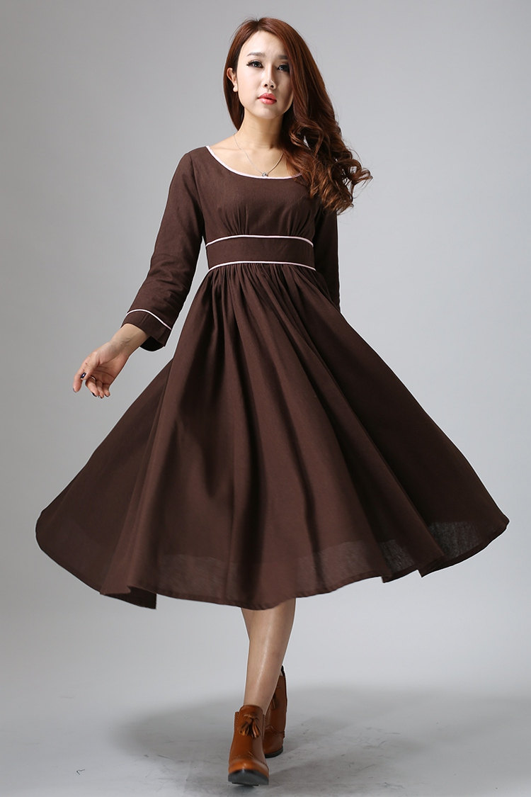 Tea Length Brown Vintage Empire Waist Dress, Scoop Neck Linen Midi Dress,  Fit and Flare Dress, 3/4 Sleeve Swing Party Dress, Xiaolizi 0808# - Etsy