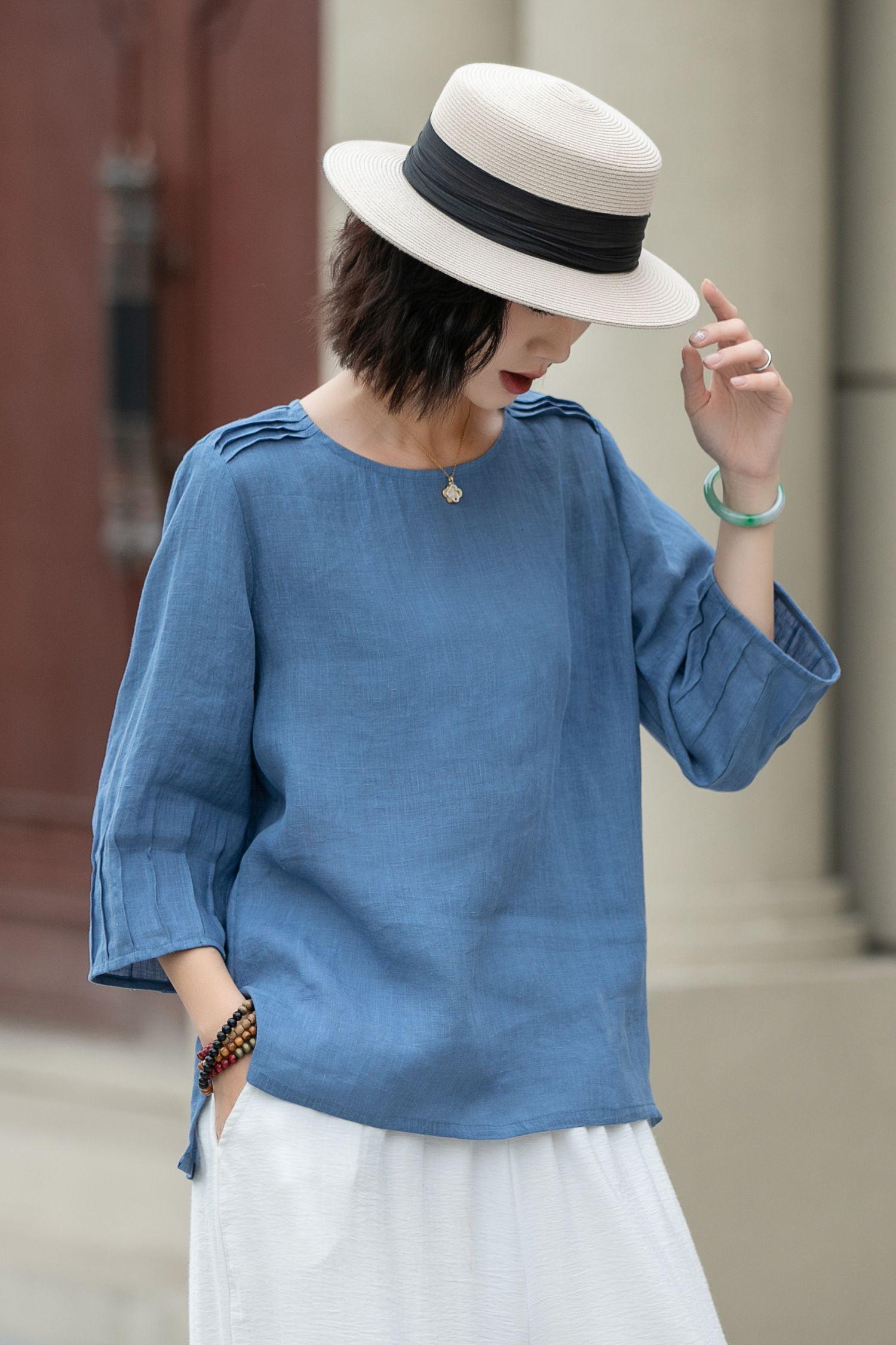 Linen Top, Loose Fit Linen Blouse, Blue Linen Top, Plus Size
