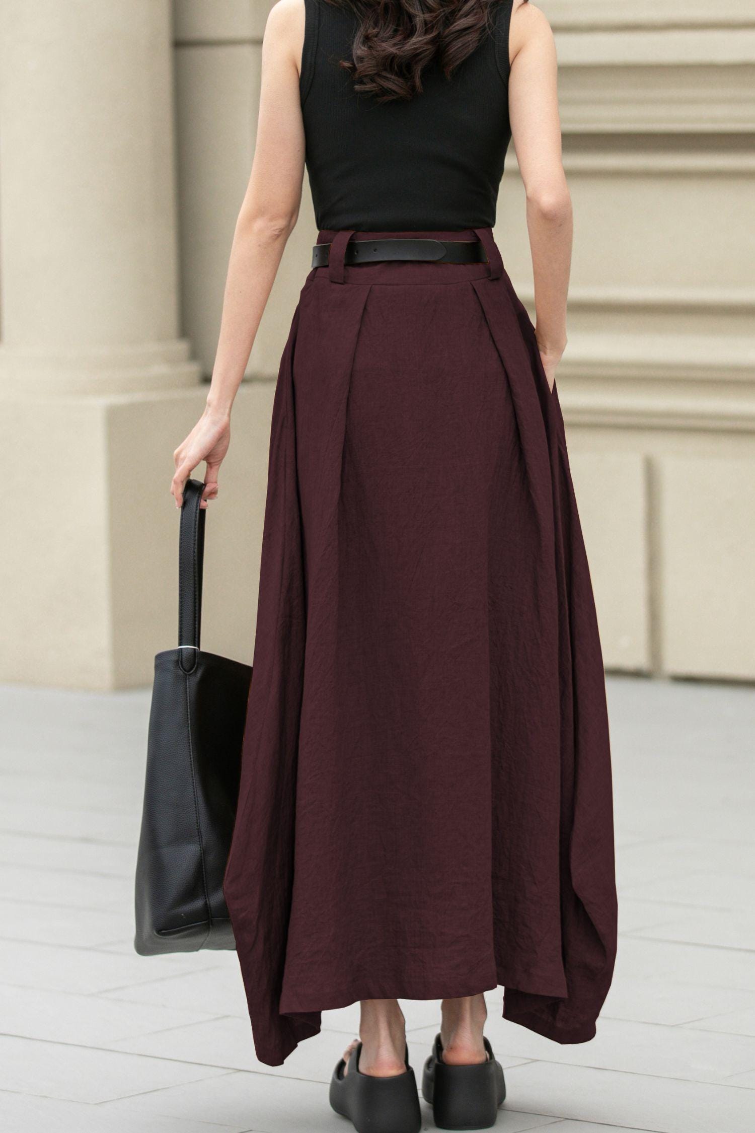 Army Green Linen Maxi Skirt, Asymmetrical Patchwork, Custom Made