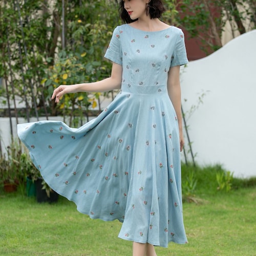 Linen Dress, Floral Linen midi Dress, Fit and Flare Dress, Swing Linen Dress, Short sleeve Dress with Pockets, Women Modest Linen Dress 5204