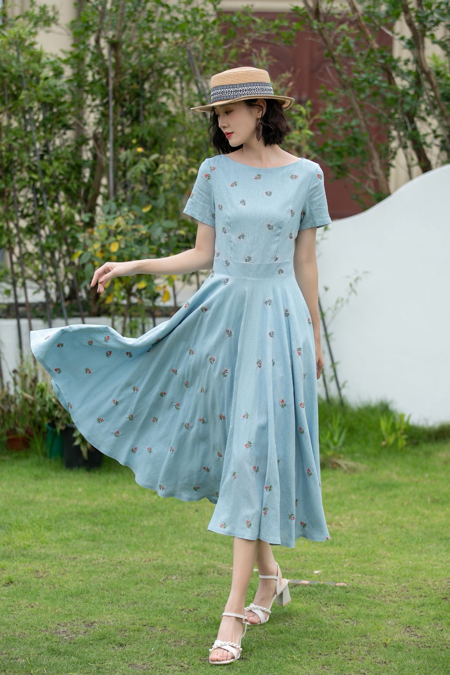 Linen Dress, Floral Linen midi Dress, Fit and Flare Dress, Swing Linen Dress, Short sleeve Dress with Pockets, Women Modest Linen Dress 5204