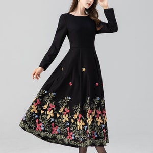 Midi wool dress, Black embroidered dress, Long sleeve wool dress, Fit and flare dress, Swing winter dress, Custom dress, Xiaolizi 4663 image 6