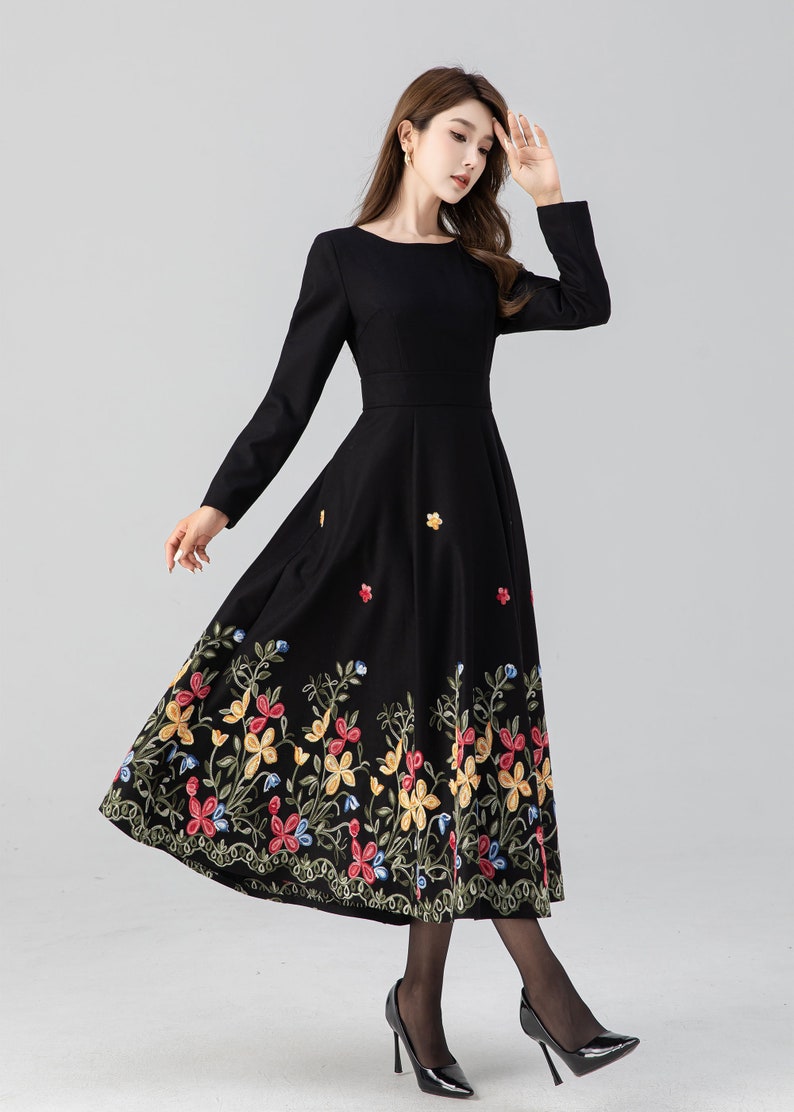 Midi wool dress, Black embroidered dress, Long sleeve wool dress, Fit and flare dress, Swing winter dress, Custom dress, Xiaolizi 4663 image 6