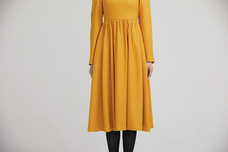 yellow dress, winter wool dress, fit and flare dress, formal dress, warm dress, womens dresses, long sleeves dress, modern dress 2233 image 8