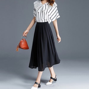 Women's White Chiffon Midi Skirt, Soft Pleated Chiffon Skirt, A Line Summer Skirt, High Waist Skirt, Daily/Travel/Party Handmade Skirt 2901 2-black