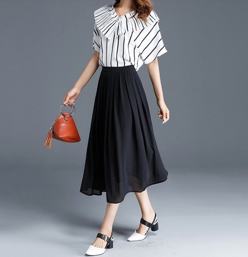 Women's White Chiffon Midi Skirt, Soft Pleated Chiffon Skirt, A Line Summer Skirt, High Waist Skirt, Daily/Travel/Party Handmade Skirt 2901 2-black