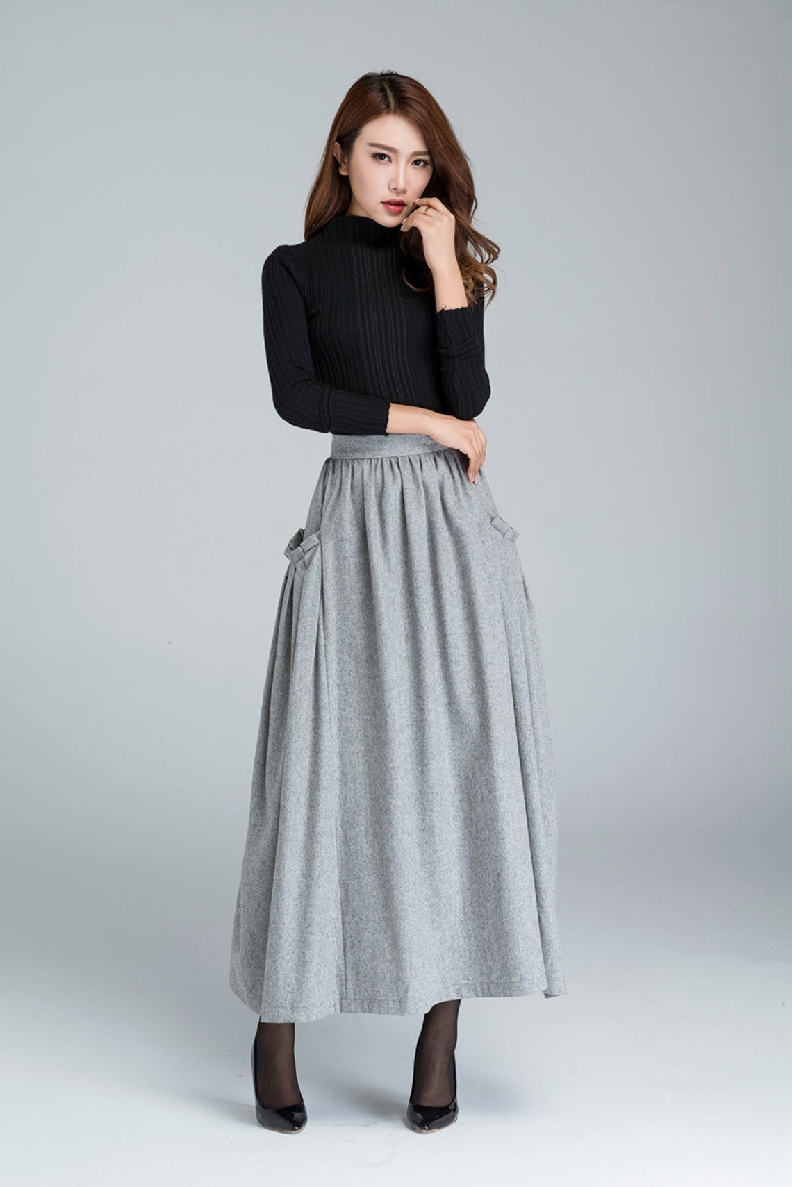 Wool maxi skirt light grey skirt womens skirts with pocket | Etsy