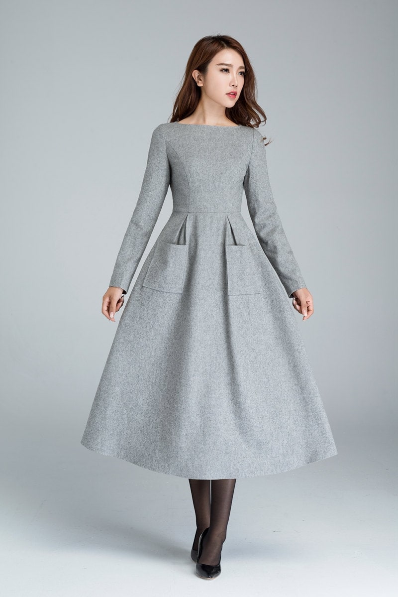 wool dress, dress with pockets, light grey dress, winter dress, designers dress, handmade dress, long dress, womens dresses, gift 1620#