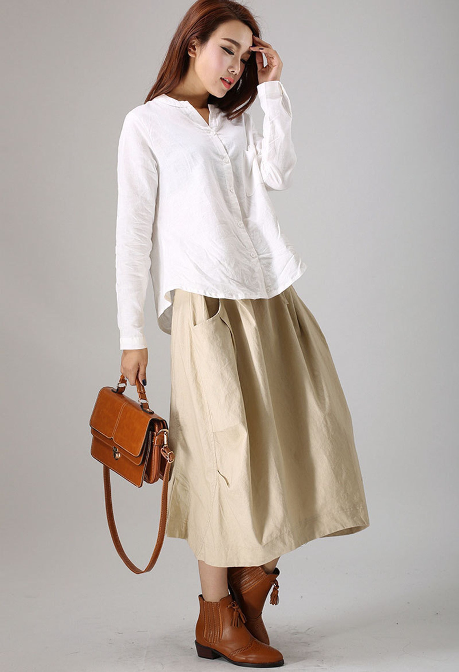 Midi skirt pockets drawstring skirt casual skirt linen | Etsy