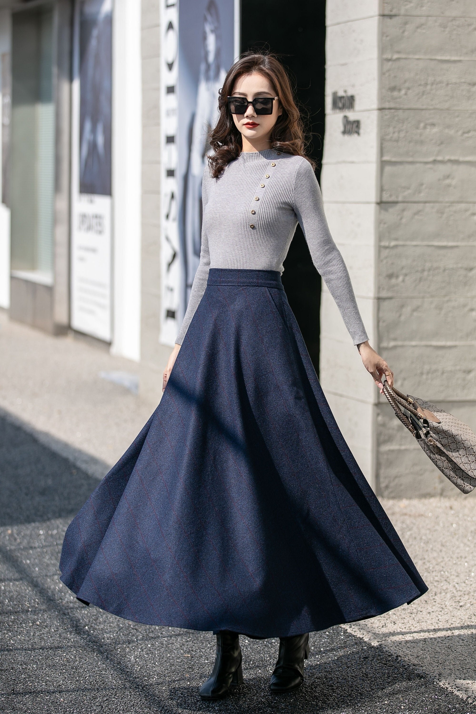 【THE MOZZ】Falling wool long skirt Blue Winter Long Wool Skirt, Maxi Wool Skirt, Swing Skirt