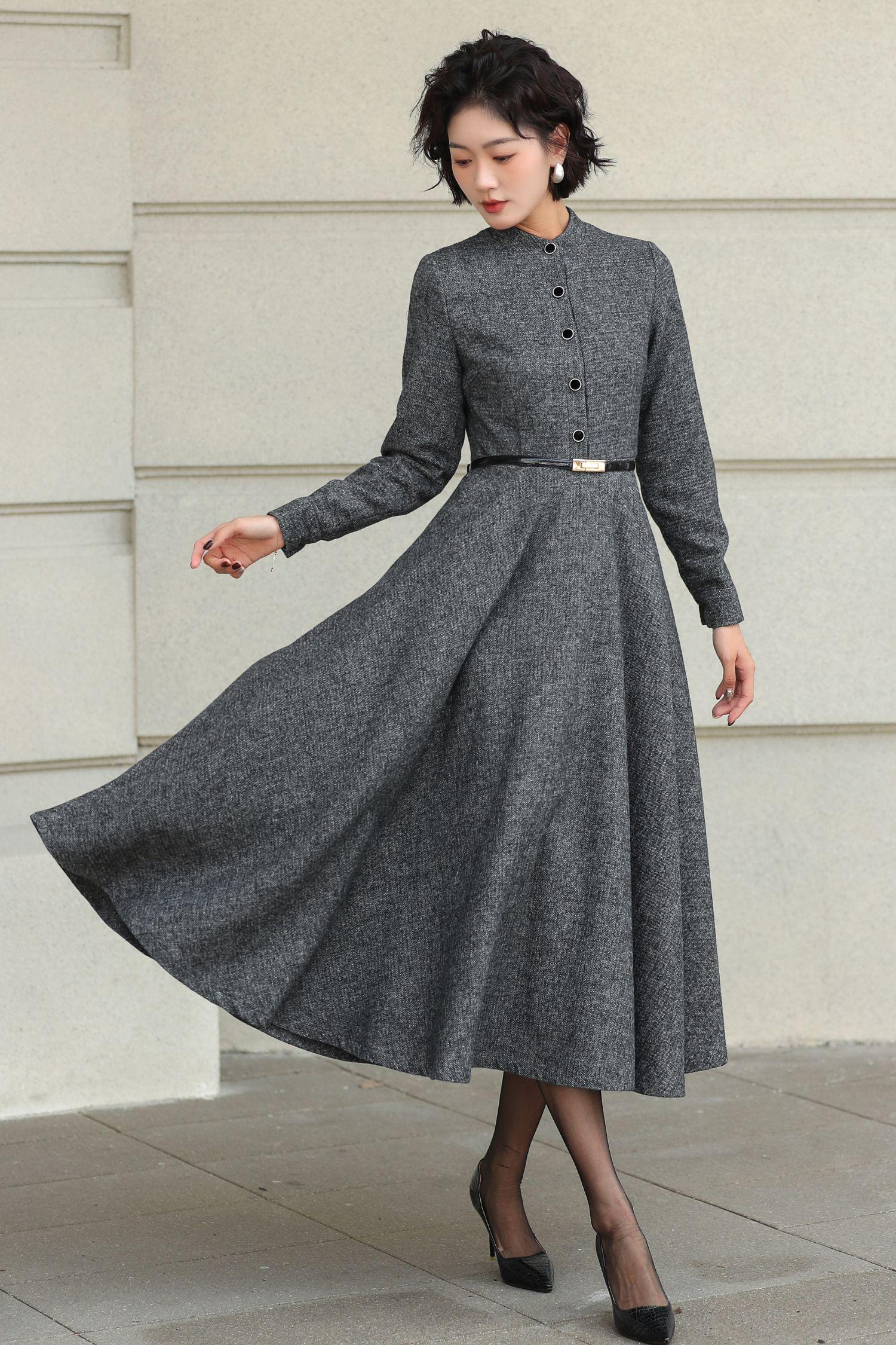 Wool A-line Midi Dress: Gray Belted Vintage Style, Custom
