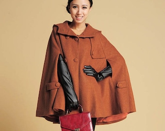 Hooded Wool Cape Coat Women, Warm Winter Cape, Plus Size Cape Coat, Oversized Wool Cape Short, Hood Cloak, Vintage Clothing, Xiaolizi 3259