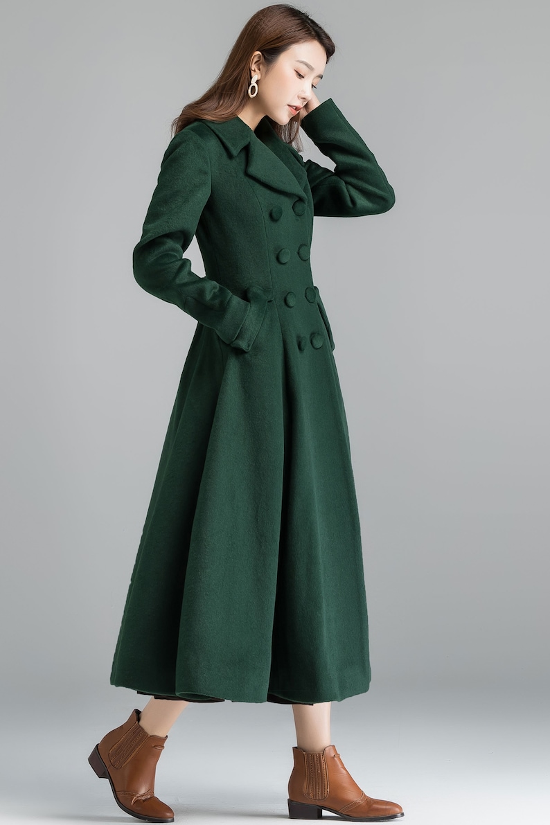 Vintage inspired wool green coat, Long wool coat, Winter coat women, Wool coat women, Double breasted wool coat, Custom coat, Xiaolizi 2398 image 6