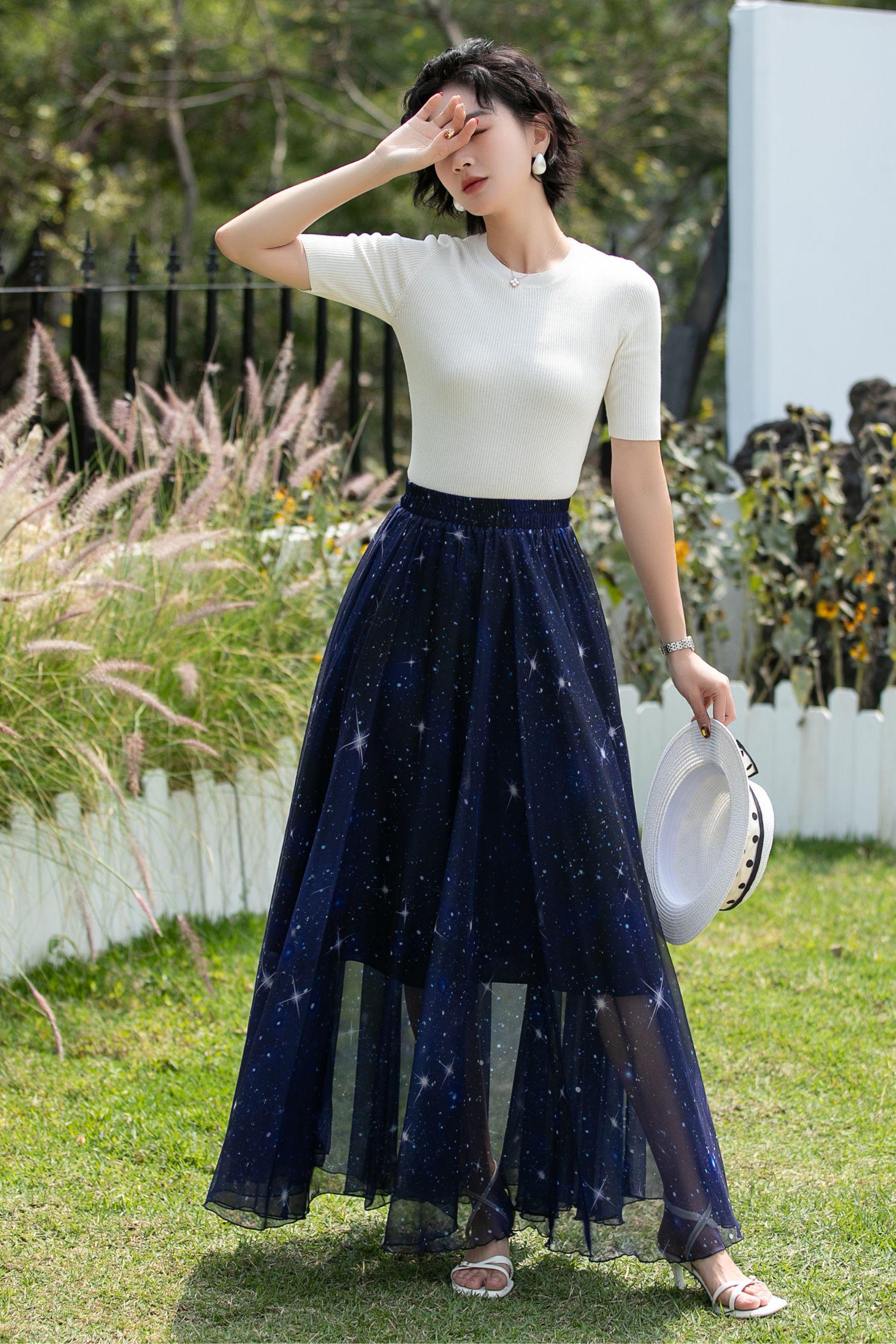 Starry Night Chiffon Maxi Skirt - Navy Blue Galaxy Boho Skirt