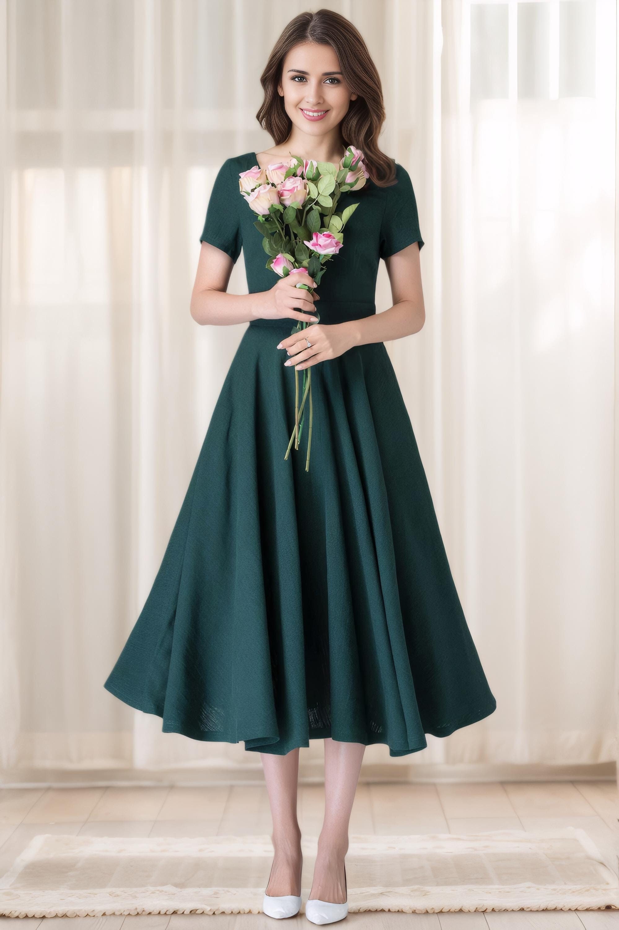 Women's Linen Swing Dress with The Pockets, 50s Green Fitted Midi Dress, Summer Party Fit and Flare Dress, Retro Short Sleeve Dress 1900#