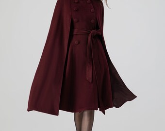 Burgundy Swing Cloak Coat, Winter Wool Cape Coat Women, Long