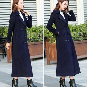 Black Wool coat, Double breasted wool coat, Long wool coat for winter, Long sleeves wool coat, Autumn winter coat, custom made coat 2461 3-blue